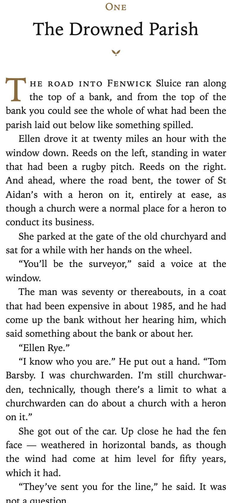 The same chapter opening as an ebook on a phone-sized screen, with the same small capitals, ornament and drop cap, the text reflowed to a narrow column.