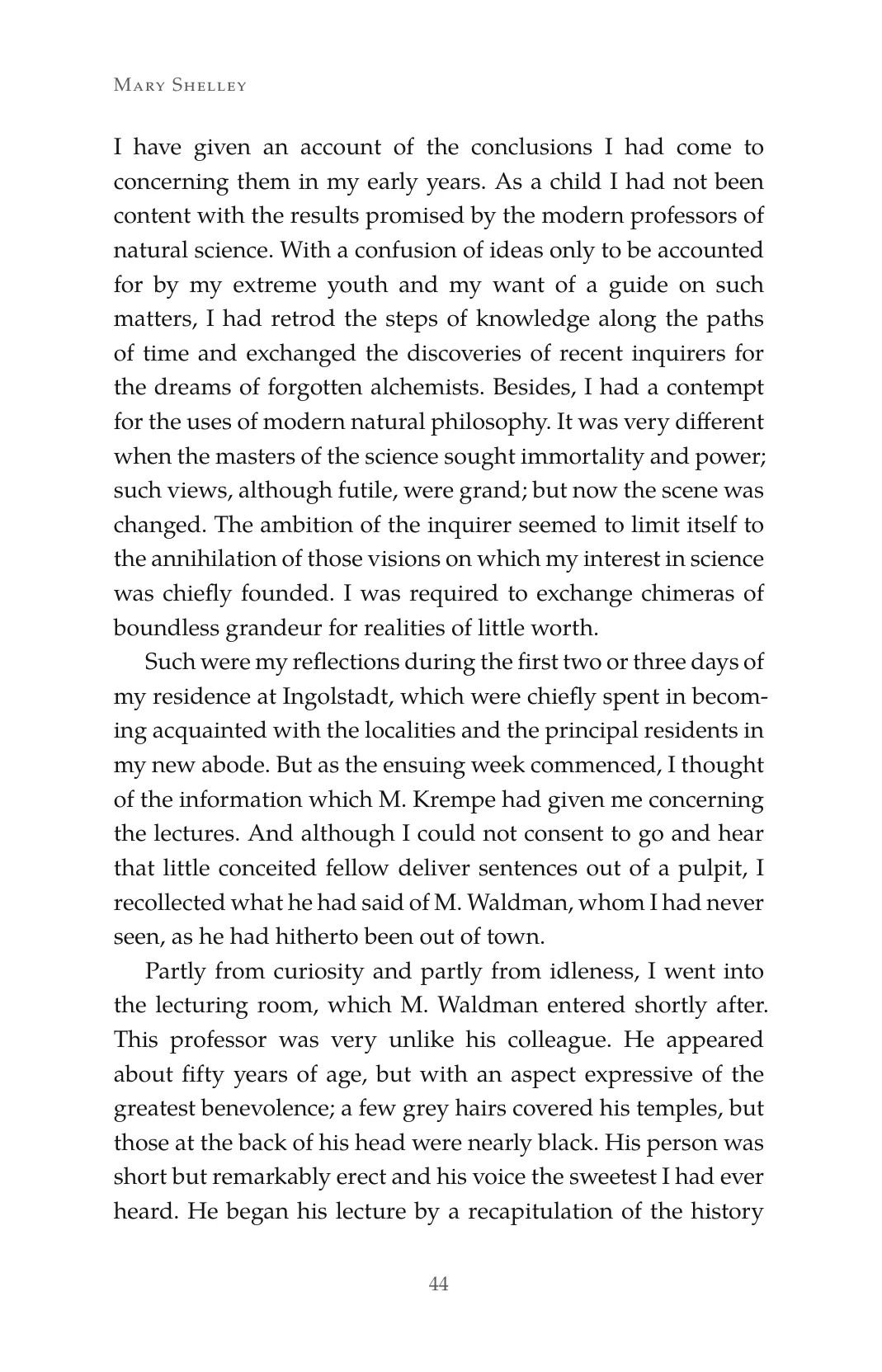 Page 44 of Frankenstein, a full left-hand page of justified text under the running head Mary Shelley.