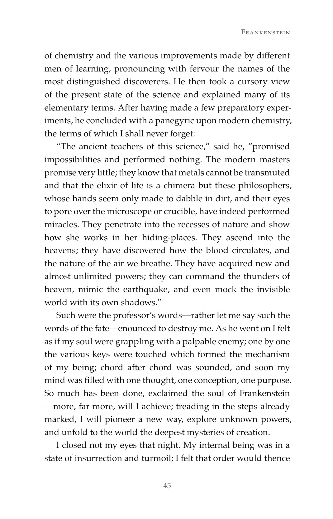 Page 45, the facing right-hand page under the running head Frankenstein, ending on the same line as page 44.