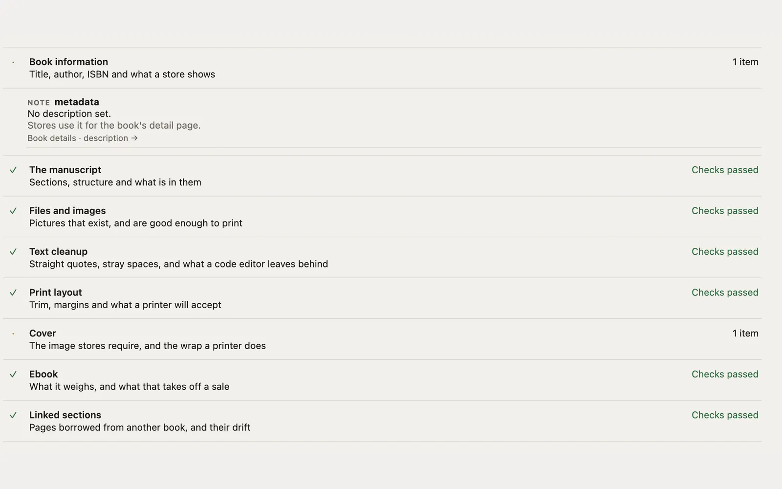 The checks in Preface: eight groups, one of them opened to show a note that no description has been set, what a store uses it for, and a link to the field that fixes it.