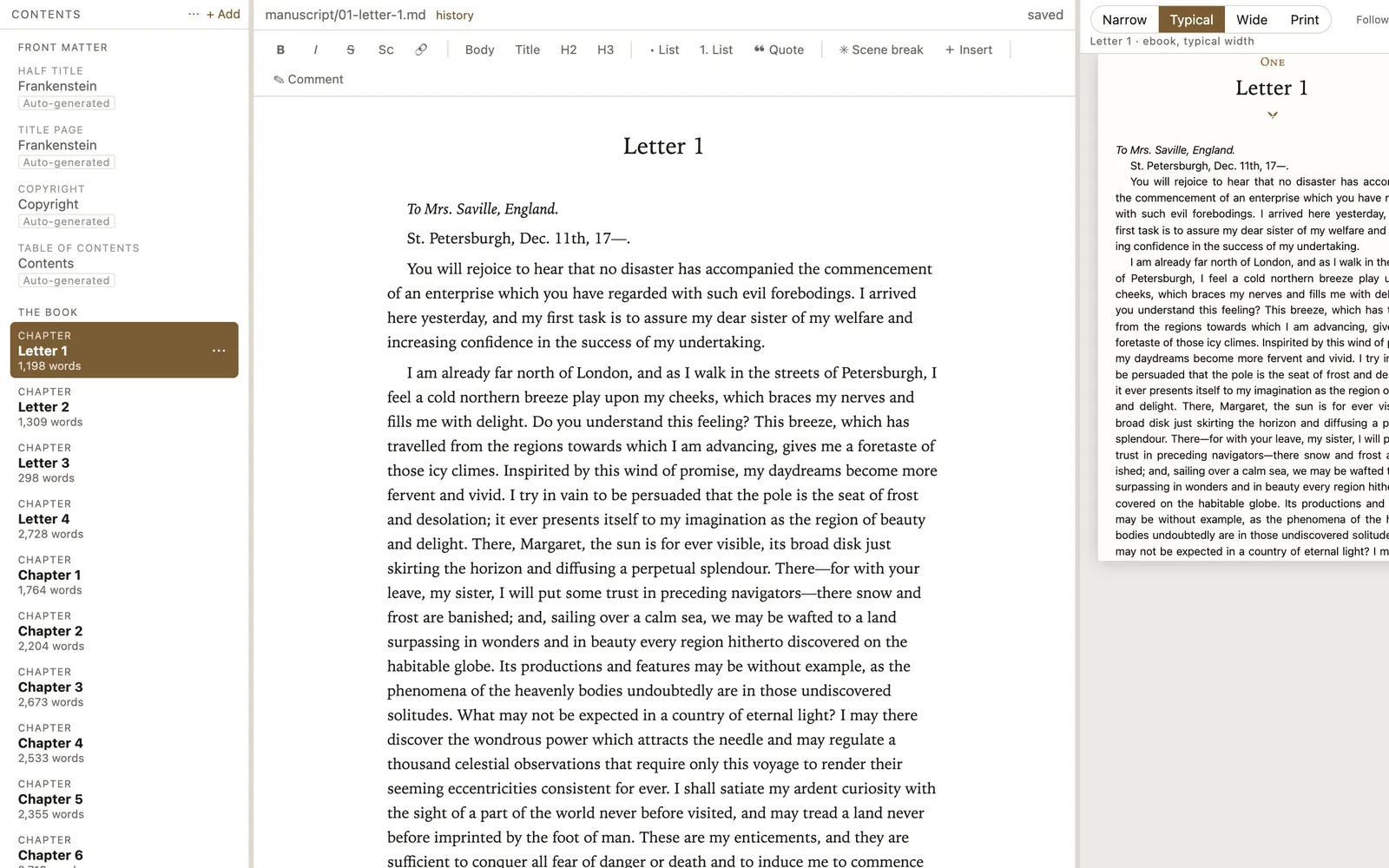 Preface just after importing a Word manuscript: the contents list shows the prologue, three chapters, epilogue and acknowledgments it found, beside the first chapter.