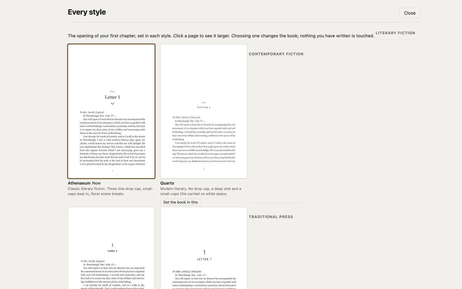 The style gallery in Preface: the opening of the imported novel set in each style, two at a time, each with its name, what it suits, and a button that sets the book in it.