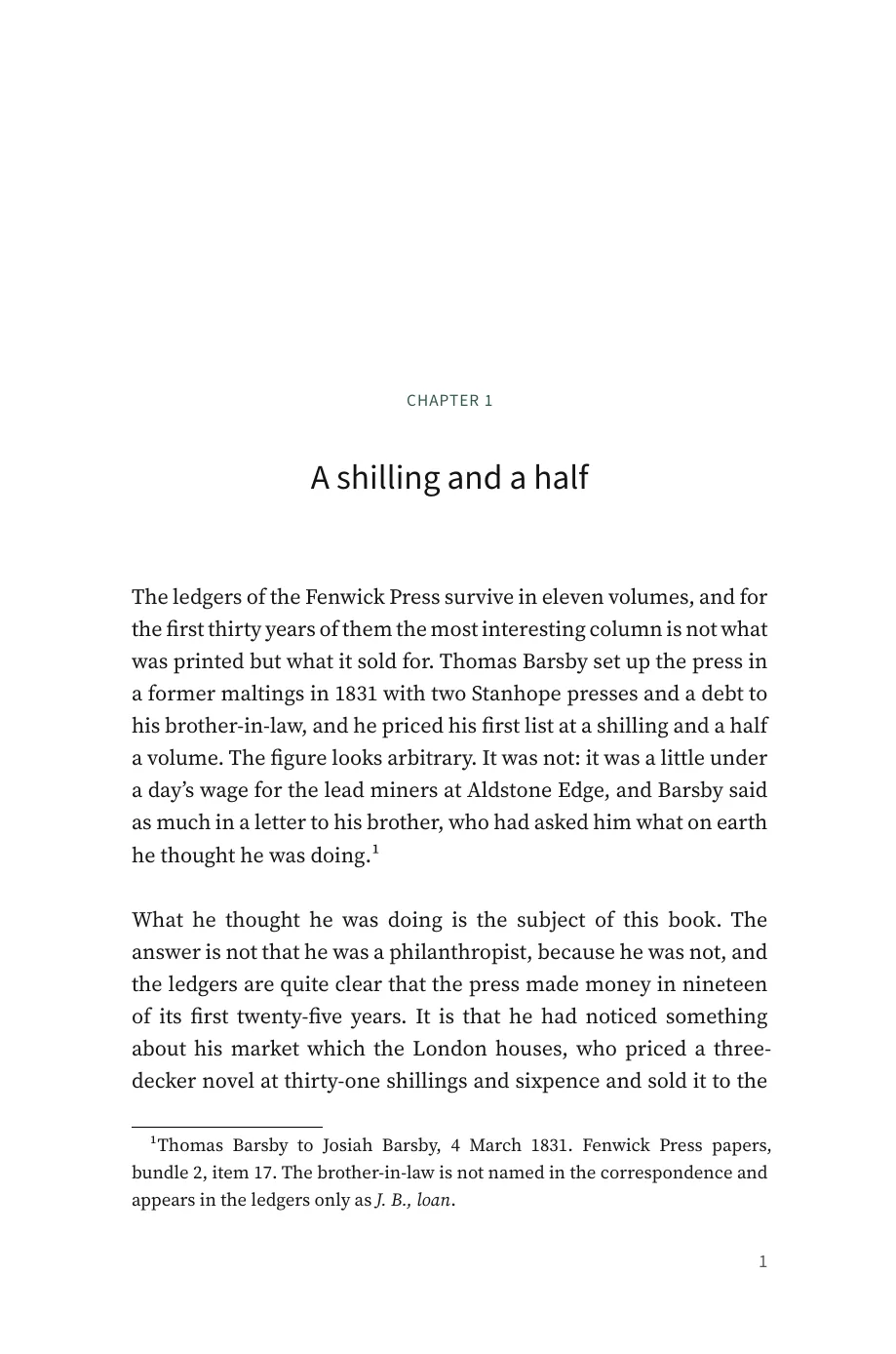 Chapter One of The Fenwick Press in Treatise: a numbered chapter, unindented paragraphs with space between them, and a footnote set at the foot of the page.